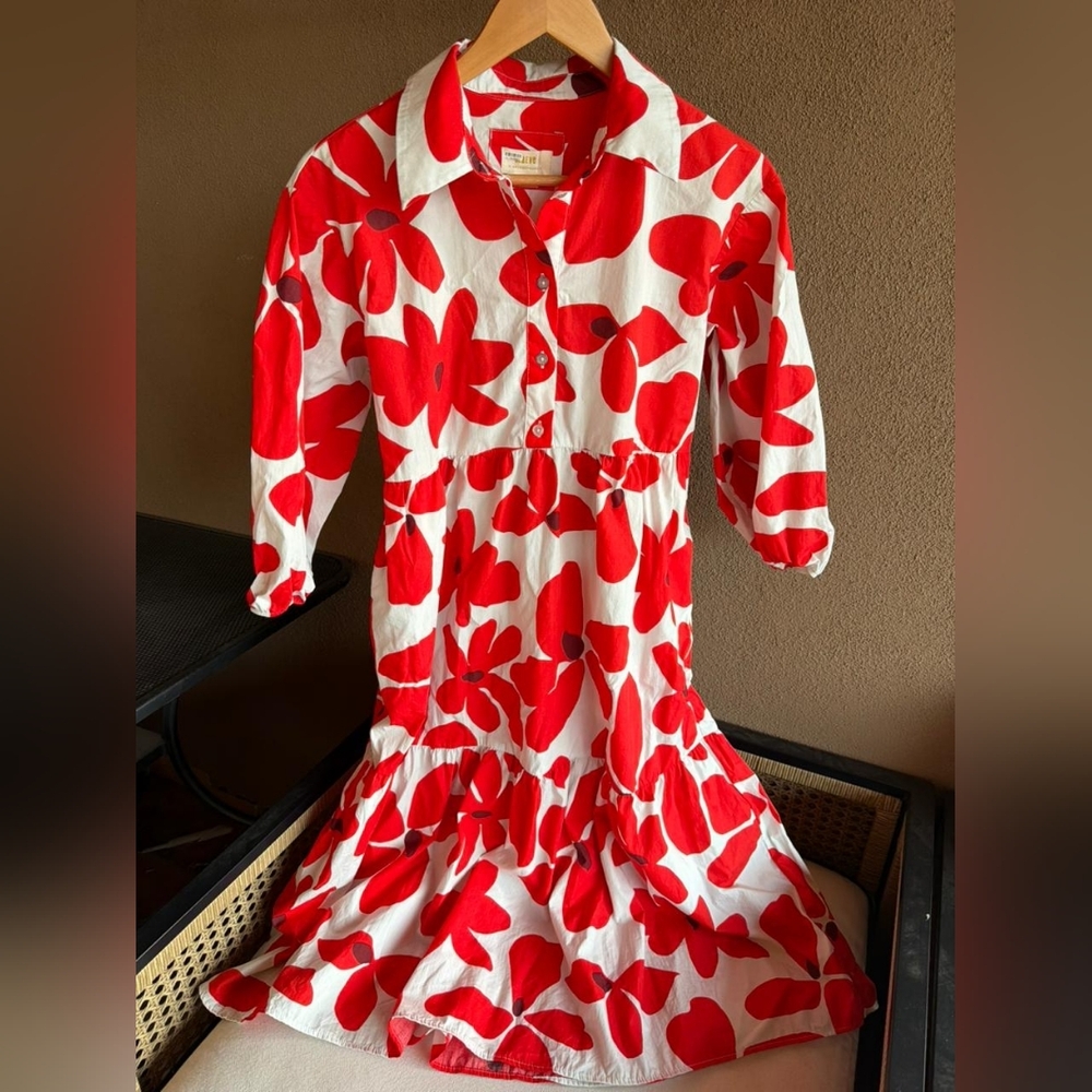 Maeve Anthropologie Bettina Midi Dress Tiered Buttondown Red Flowers SP - Picture 8 of 14